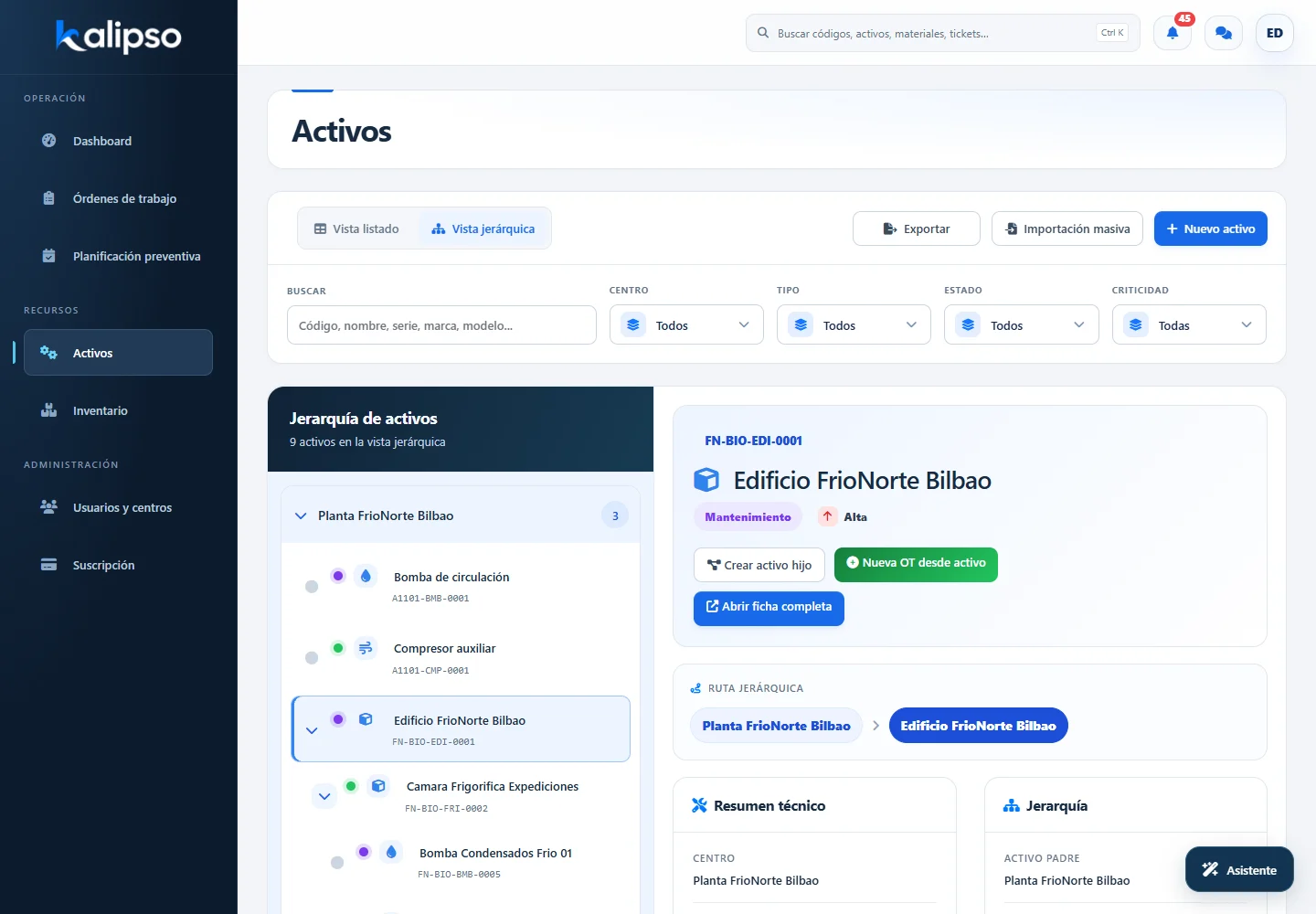 Jerarquía de activos: interfaz actual de Kalipso con datos de ejemplo