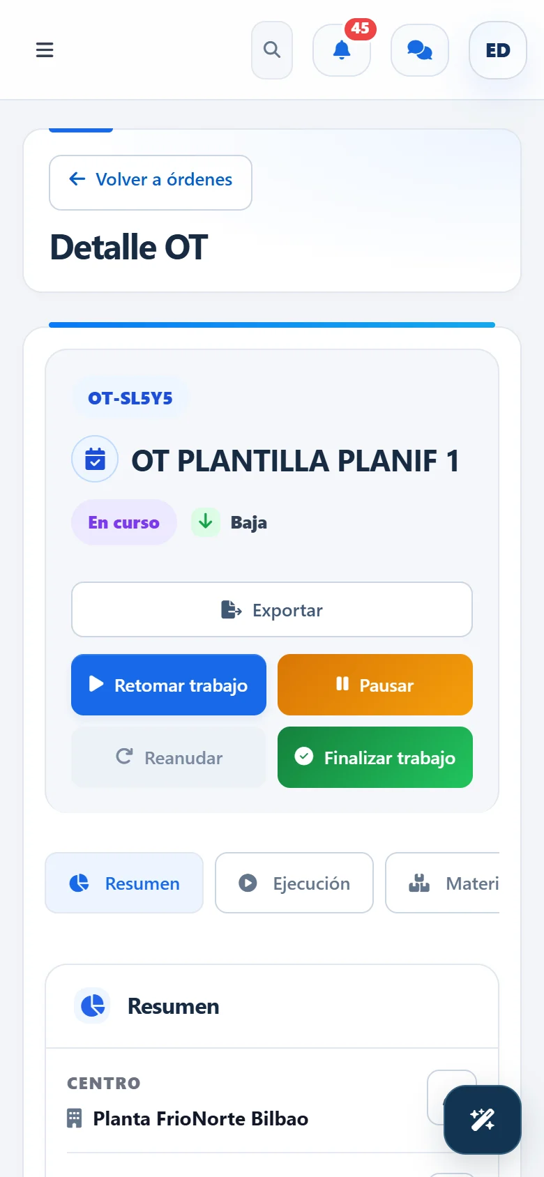 Detalle de una orden de trabajo de Kalipso en móvil