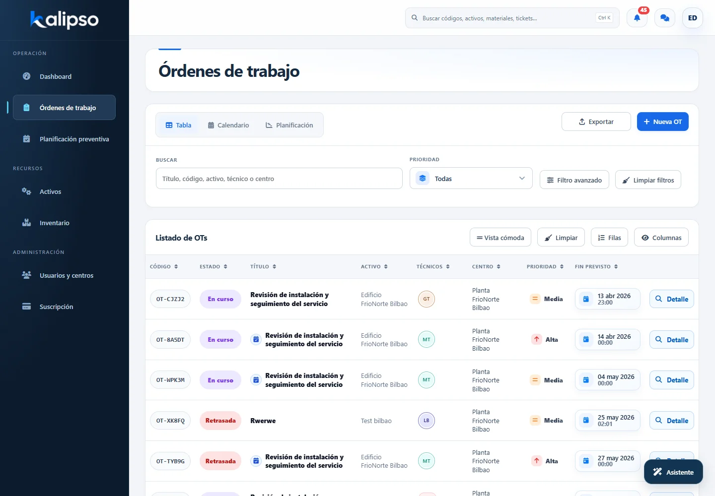 Órdenes de trabajo: interfaz actual de Kalipso con datos de ejemplo