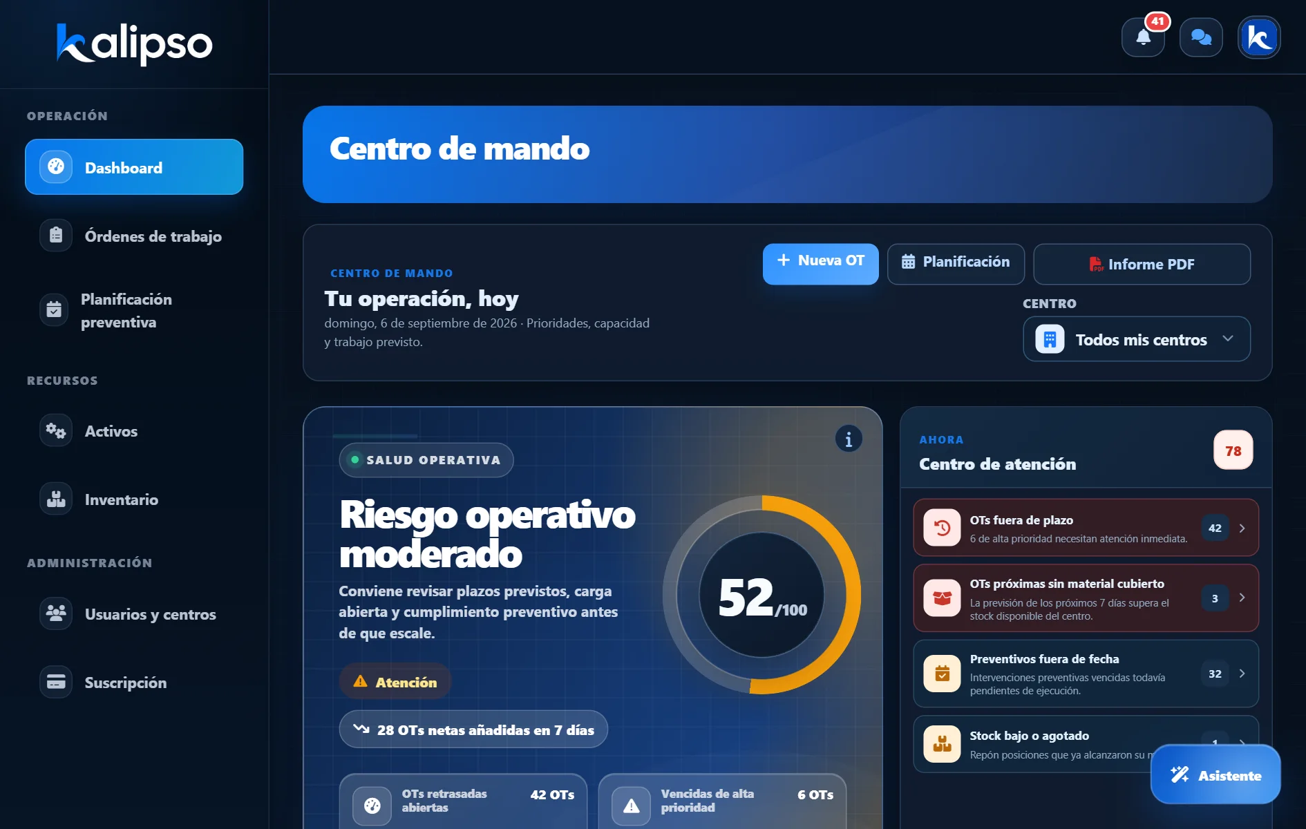 Panel de Kalipso con órdenes pendientes, planificación y alertas de mantenimiento